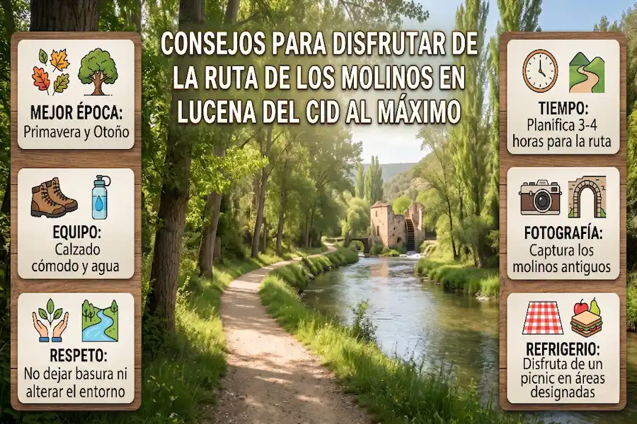 Consejos para la Ruta de los Molinos en Lucena del Cid Infografía con consejos prácticos y recomendaciones para disfrutar al máximo de la Ruta de los Molinos en Lucena del Cid