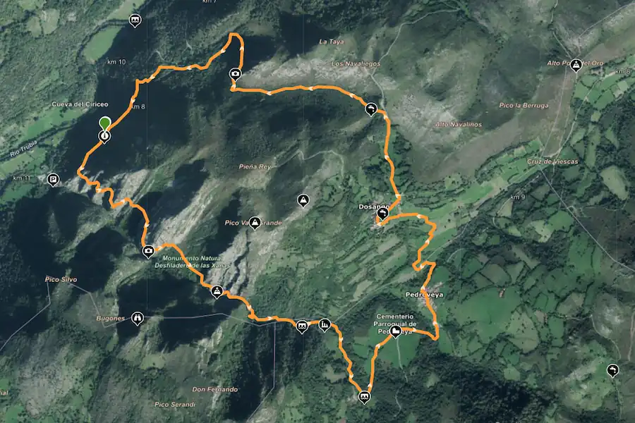 Mapa de la ruta de las Xanas Mapa detallado con el trazado, desnivel y puntos de interés de la ruta del Desfiladero de las Xanas