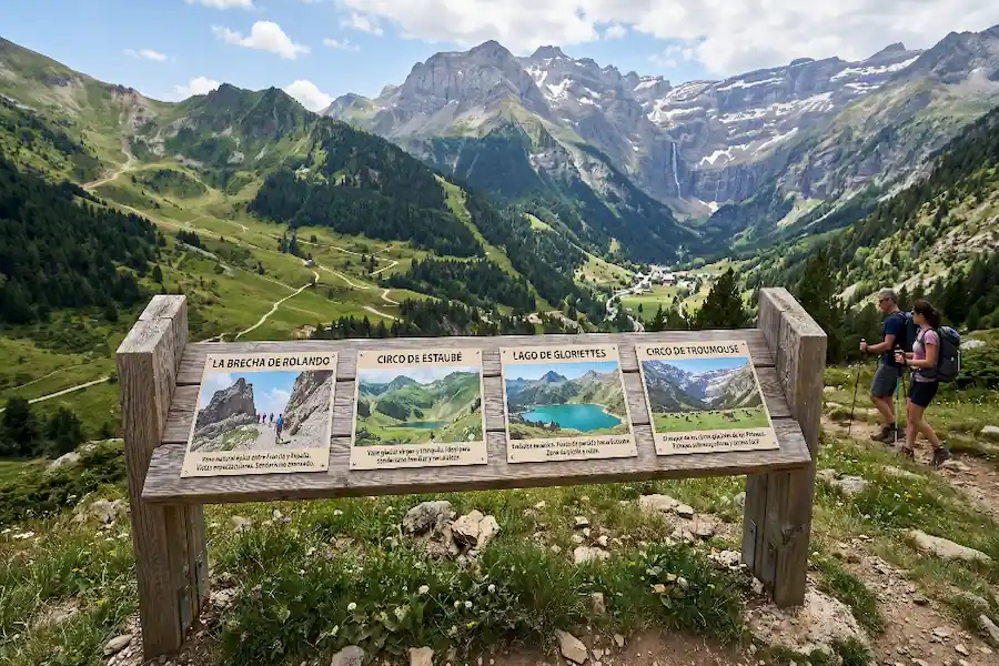 Qué Ver Cerca del Circo de Gavarnie Panel informativo de madera con vistas a las montañas y valles cercanos al Circo de Gavarnie