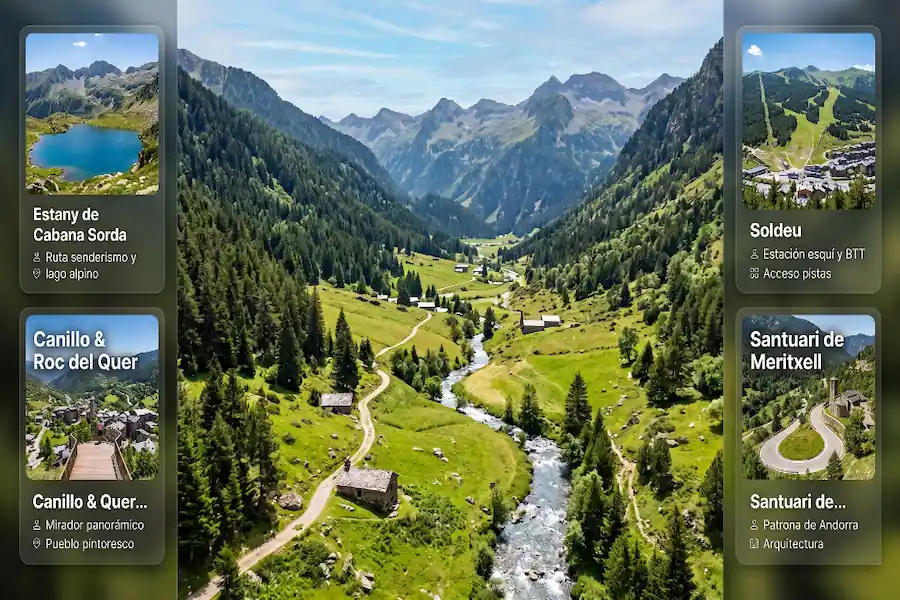 Infografía de qué ver cerca del Valle de Incles en Andorra con puntos de interés como Estany de Cabana Sorda, Canillo y Soldeu