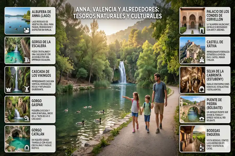 Infografía con los lugares turísticos y tesoros naturales que ver cerca de Anna, Valencia