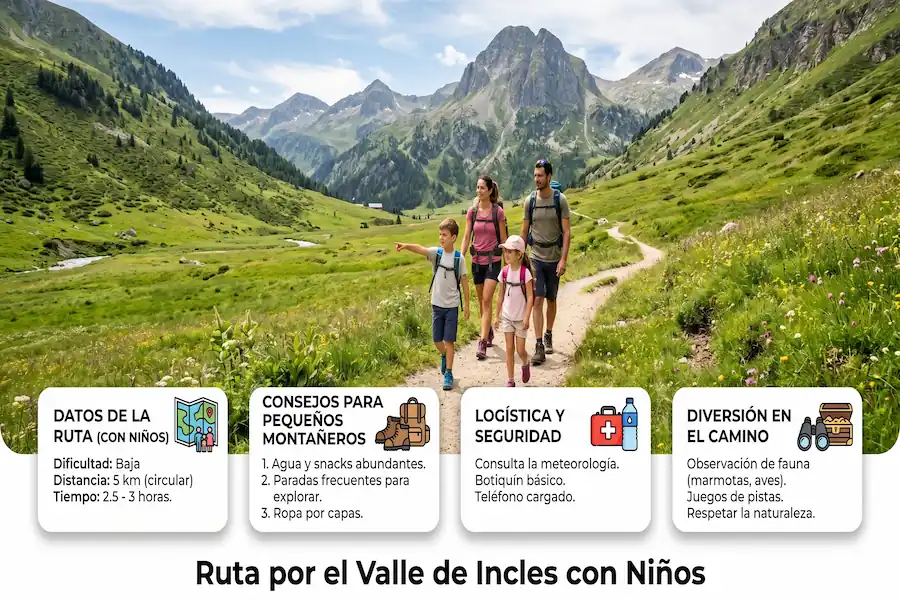 Infografía con datos, consejos y logística para hacer la ruta por el Valle de Incles con niños