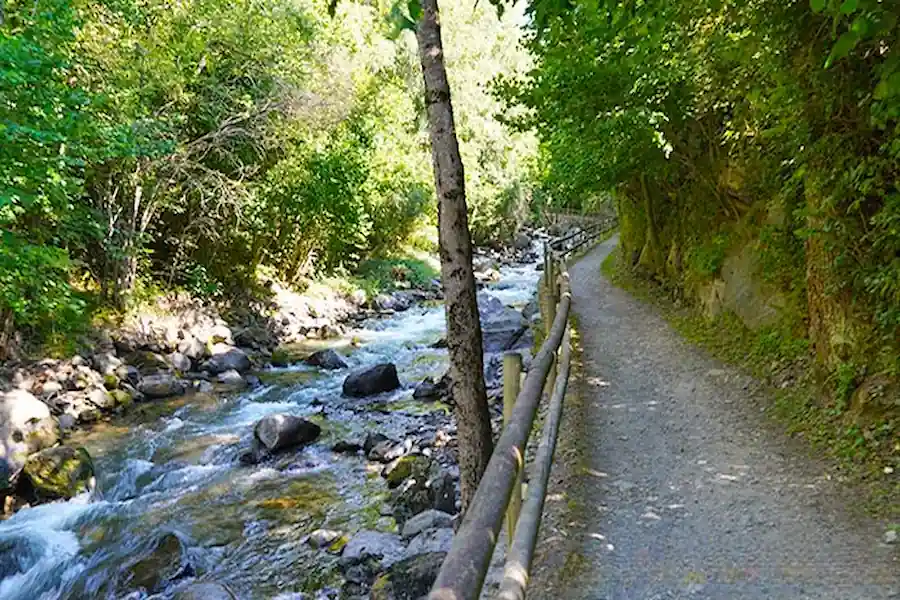 Caminando por el sendero arbolado junto al río Valira