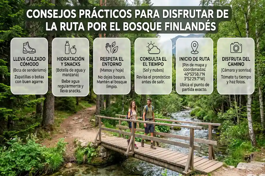 Infografía con consejos prácticos para realizar la ruta por el Bosque Finlandés de Rascafría