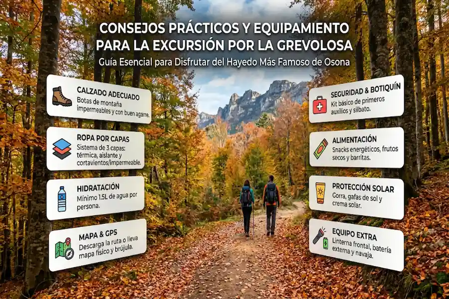 Consejos y equipamiento para la ruta de la Grevolosa Infografía con consejos prácticos y equipamiento recomendado para la excursión por el Bosque de la Grevolosa