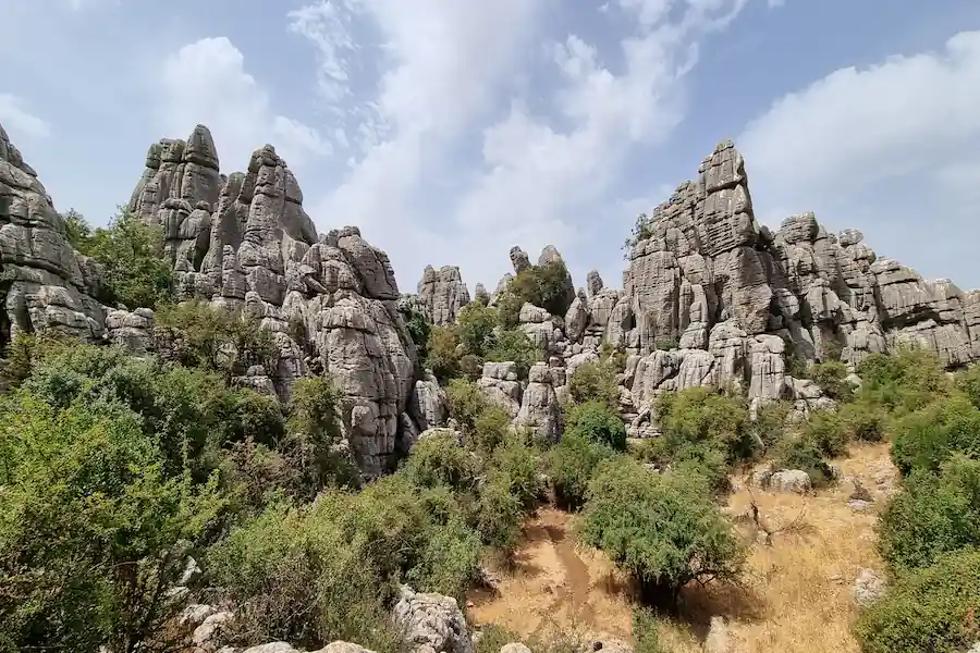 Sendero estrecho rodeado de formaciones rocosas en El Torcal